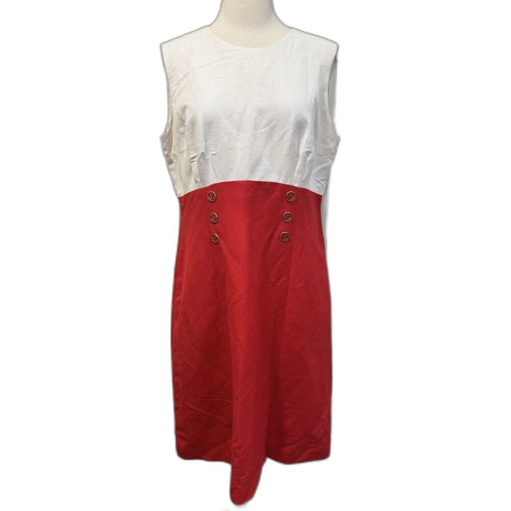 Color Block Linen Dress 14 Nautical Gold Sailor Buttons Coastal Chic Midi Money